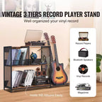 3-Tier Record Player Stand with Guitar Holder, Turntable Stand with Storage Holds Up to 300 Albums, Vinyl Record Cabinet with Metal Mesh Frame