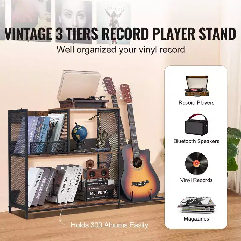 3-Tier Record Player Stand with Guitar Holder, Turntable Stand with Storage Holds Up to 300 Albums, Vinyl Record Cabinet with Metal Mesh Frame