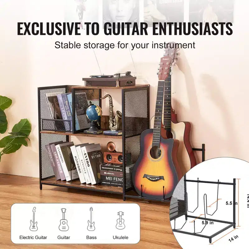 3-Tier Record Player Stand with Guitar Holder, Turntable Stand with Storage Holds Up to 300 Albums, Vinyl Record Cabinet with Metal Mesh Frame