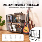 3-Tier Record Player Stand with Guitar Holder, Turntable Stand with Storage Holds Up to 300 Albums, Vinyl Record Cabinet with Metal Mesh Frame