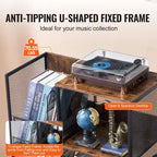 3-Tier Record Player Stand with Guitar Holder, Turntable Stand with Storage Holds Up to 300 Albums, Vinyl Record Cabinet with Metal Mesh Frame