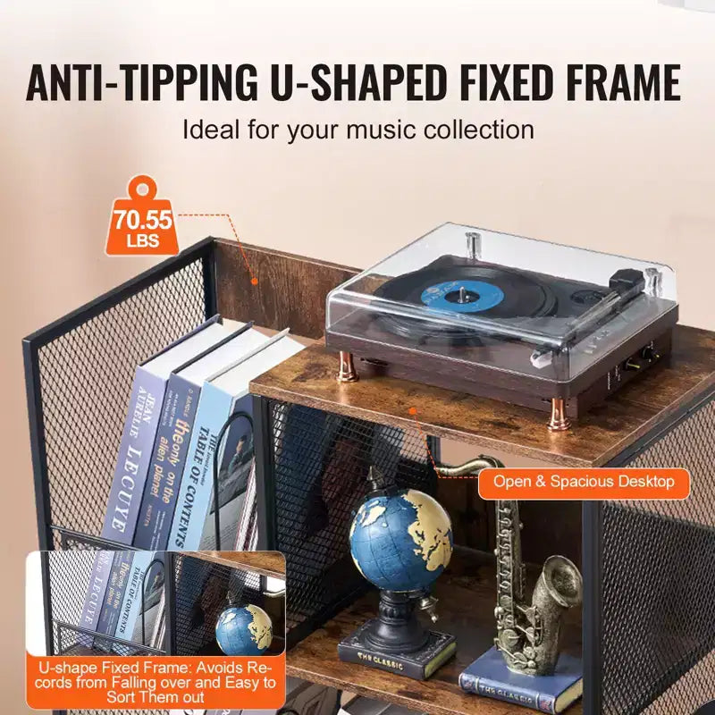 3-Tier Record Player Stand with Guitar Holder, Turntable Stand with Storage Holds Up to 300 Albums, Vinyl Record Cabinet with Metal Mesh Frame