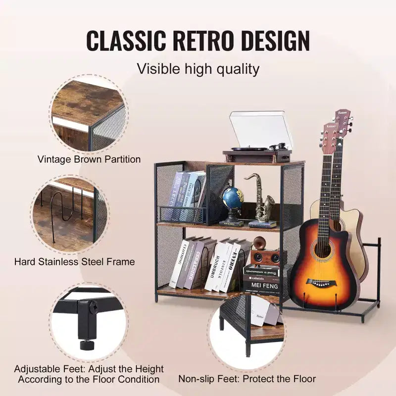 3-Tier Record Player Stand with Guitar Holder, Turntable Stand with Storage Holds Up to 300 Albums, Vinyl Record Cabinet with Metal Mesh Frame