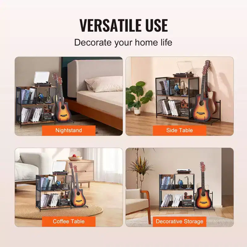 3-Tier Record Player Stand with Guitar Holder, Turntable Stand with Storage Holds Up to 300 Albums, Vinyl Record Cabinet with Metal Mesh Frame