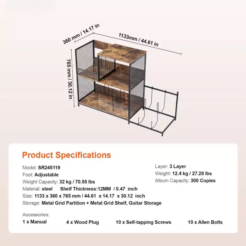 3-Tier Record Player Stand with Guitar Holder, Turntable Stand with Storage Holds Up to 300 Albums, Vinyl Record Cabinet with Metal Mesh Frame