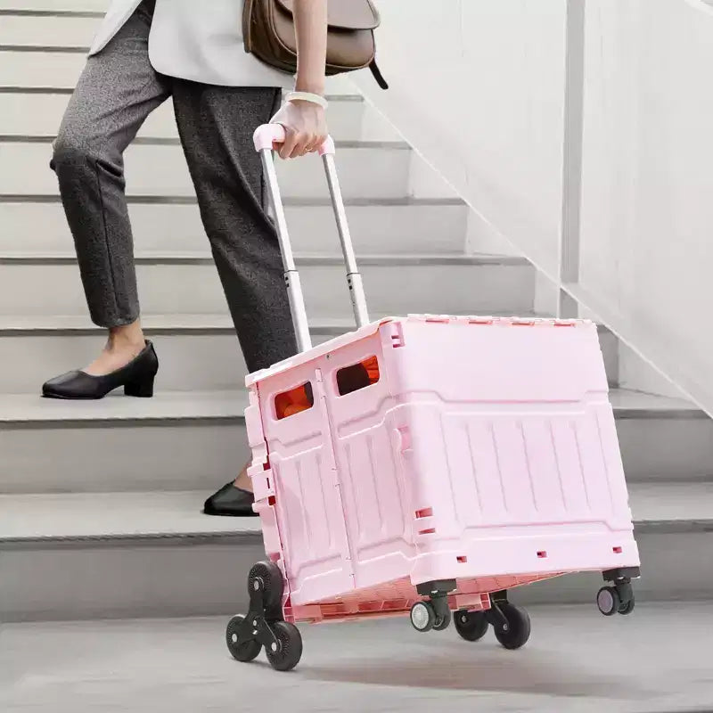 Faltbarer Utility-Wagen, 65L zusammenklappbare tragbare Kiste mit Treppensteigrollen & 360-Grad-Drehrollen, Handwagen