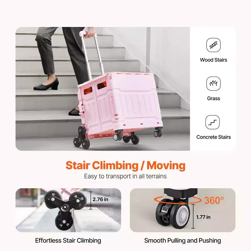 Foldable Utility Cart, 65L Collapsible Portable Crate Rolling Cart with Stair Climbing Wheels & 360 Swivel Wheels, Hand Cart