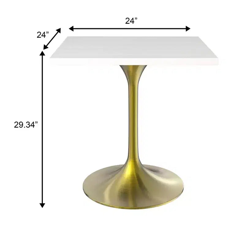 24 Sqaure Dining Table - Modern MDF Top with Brushed Gold Pedestal Base Accent Cafe Table for Kitchen, Home, and Cafes