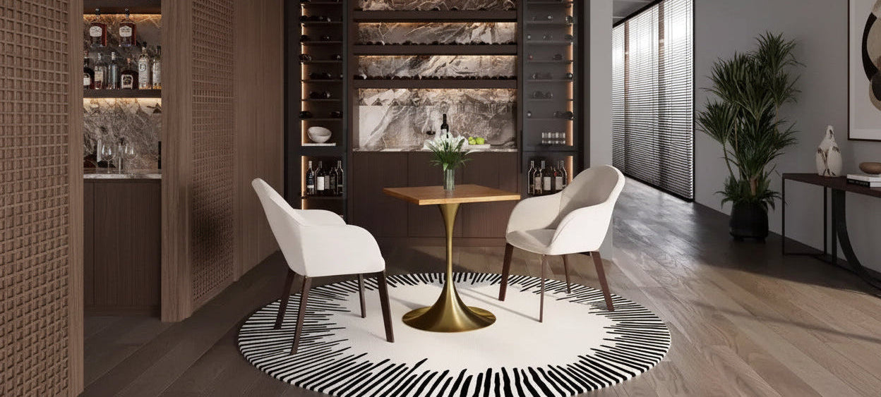 LeisureMod Verve 24 Sqaure Dining Table - Modern MDF Top with Brushed Gold Pedestal Base Accent Cafe Table for Kitchen, Home, and Cafes