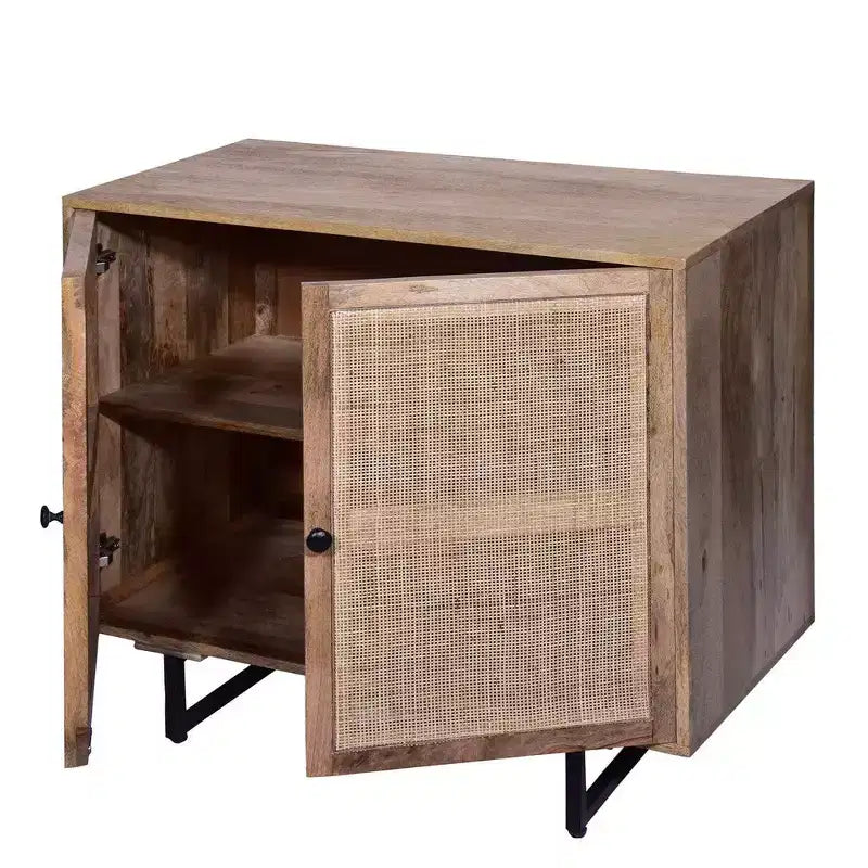 35 Inch Handcrafted Accent Cabinet with 2 Mesh Rattan Doors, Black Iron Legs, Mango Wood Frame