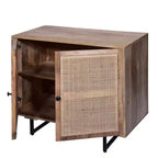35 Inch Handcrafted Accent Cabinet with 2 Mesh Rattan Doors, Black Iron Legs, Mango Wood Frame