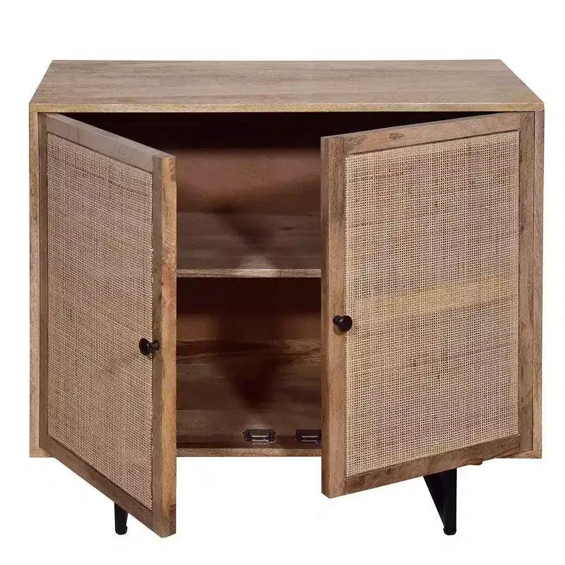 35 Inch Handcrafted Accent Cabinet with 2 Mesh Rattan Doors, Black Iron Legs, Mango Wood Frame