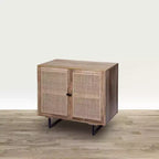 35 Inch Handcrafted Accent Cabinet with 2 Mesh Rattan Doors, Black Iron Legs, Mango Wood Frame
