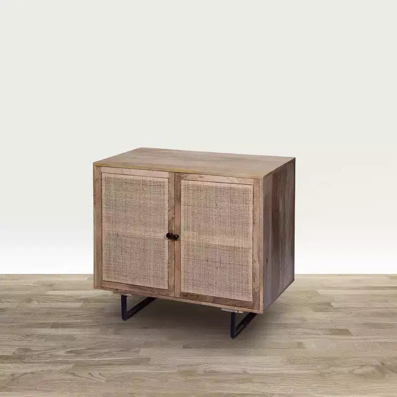 35 Inch Handcrafted Accent Cabinet with 2 Mesh Rattan Doors, Black Iron Legs, Mango Wood Frame