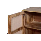 35 Inch Handcrafted Accent Cabinet with 2 Mesh Rattan Doors, Black Iron Legs, Mango Wood Frame