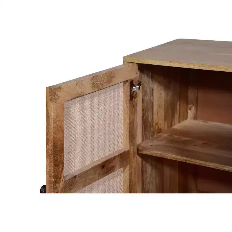 35 Inch Handcrafted Accent Cabinet with 2 Mesh Rattan Doors, Black Iron Legs, Mango Wood Frame