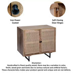 35 Inch Handcrafted Accent Cabinet with 2 Mesh Rattan Doors, Black Iron Legs, Mango Wood Frame