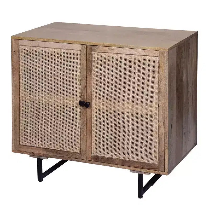 35 Inch Handcrafted Accent Cabinet with 2 Mesh Rattan Doors, Black Iron Legs, Mango Wood Frame