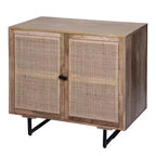 35 Inch Handcrafted Accent Cabinet with 2 Mesh Rattan Doors, Black Iron Legs, Mango Wood Frame
