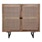 35 Inch Handcrafted Accent Cabinet with 2 Mesh Rattan Doors, Black Iron Legs, Mango Wood Frame