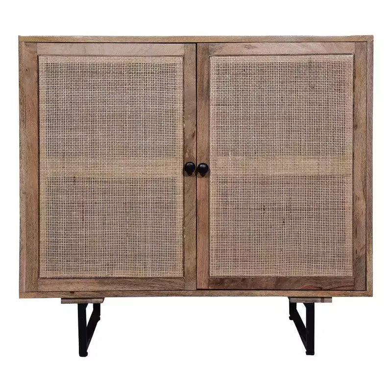 35 Inch Handcrafted Accent Cabinet with 2 Mesh Rattan Doors, Black Iron Legs, Mango Wood Frame