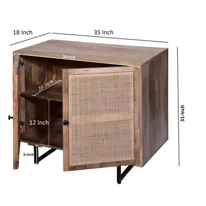 35 Inch Handcrafted Accent Cabinet with 2 Mesh Rattan Doors, Black Iron Legs, Mango Wood Frame