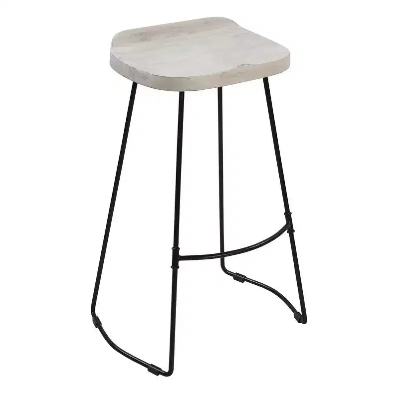30 Inch Handcrafted Backless Barstool with Whitewashed Mango Wood Saddle Seat and Black Metal Base