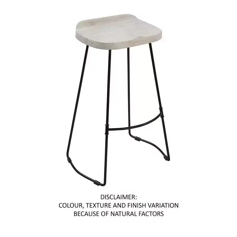 30 Inch Handcrafted Backless Barstool with Whitewashed Mango Wood Saddle Seat and Black Metal Base