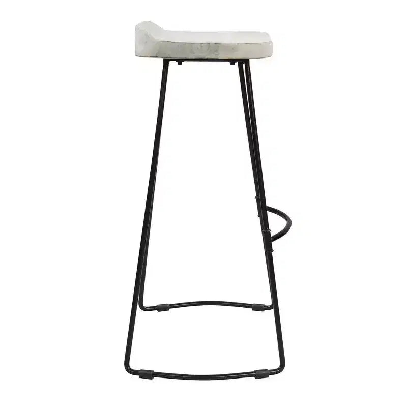30 Inch Handcrafted Backless Barstool with Whitewashed Mango Wood Saddle Seat and Black Metal Base