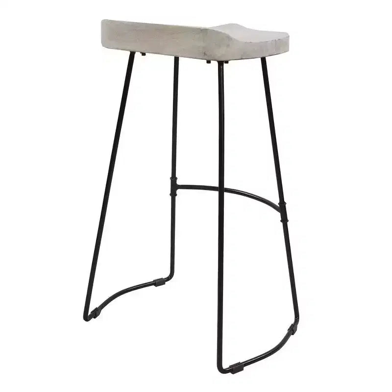 30 Inch Handcrafted Backless Barstool with Whitewashed Mango Wood Saddle Seat and Black Metal Base