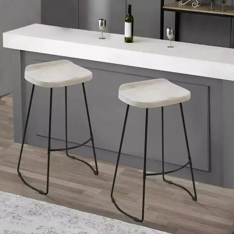 30 Inch Handcrafted Backless Barstool with Whitewashed Mango Wood Saddle Seat and Black Metal Base