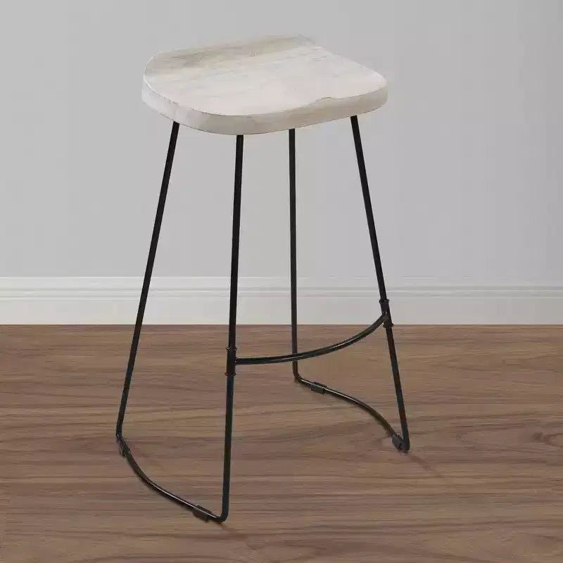 30 Inch Handcrafted Backless Barstool with Whitewashed Mango Wood Saddle Seat and Black Metal Base