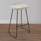 30 Inch Handcrafted Backless Barstool with Whitewashed Mango Wood Saddle Seat and Black Metal Base