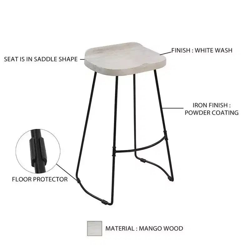 30 Inch Handcrafted Backless Barstool with Whitewashed Mango Wood Saddle Seat and Black Metal Base