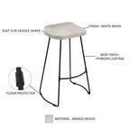 30 Inch Handcrafted Backless Barstool with Whitewashed Mango Wood Saddle Seat and Black Metal Base