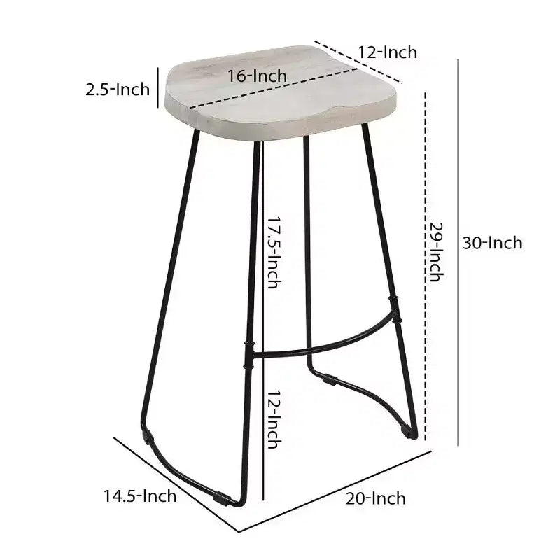 30 Inch Handcrafted Backless Barstool with Whitewashed Mango Wood Saddle Seat and Black Metal Base