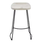 30 Inch Handcrafted Backless Barstool with Whitewashed Mango Wood Saddle Seat and Black Metal Base