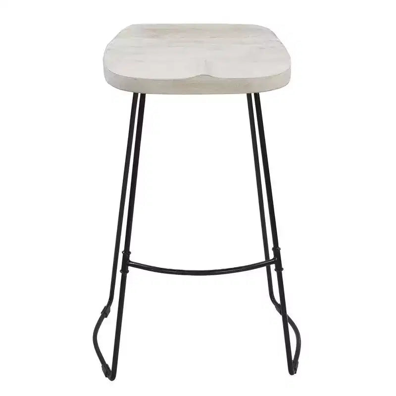 30 Inch Handcrafted Backless Barstool with Whitewashed Mango Wood Saddle Seat and Black Metal Base