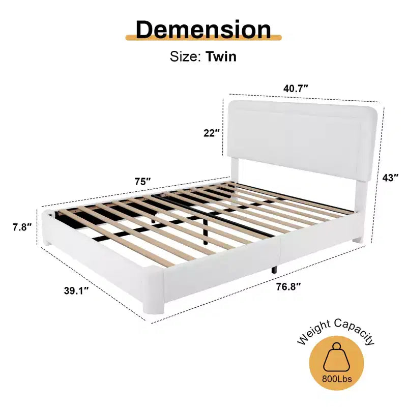Fabric bed frame with headboard Upholstered fabric bed frame, soft rounded corners, adjustable headboard, easy to assemble