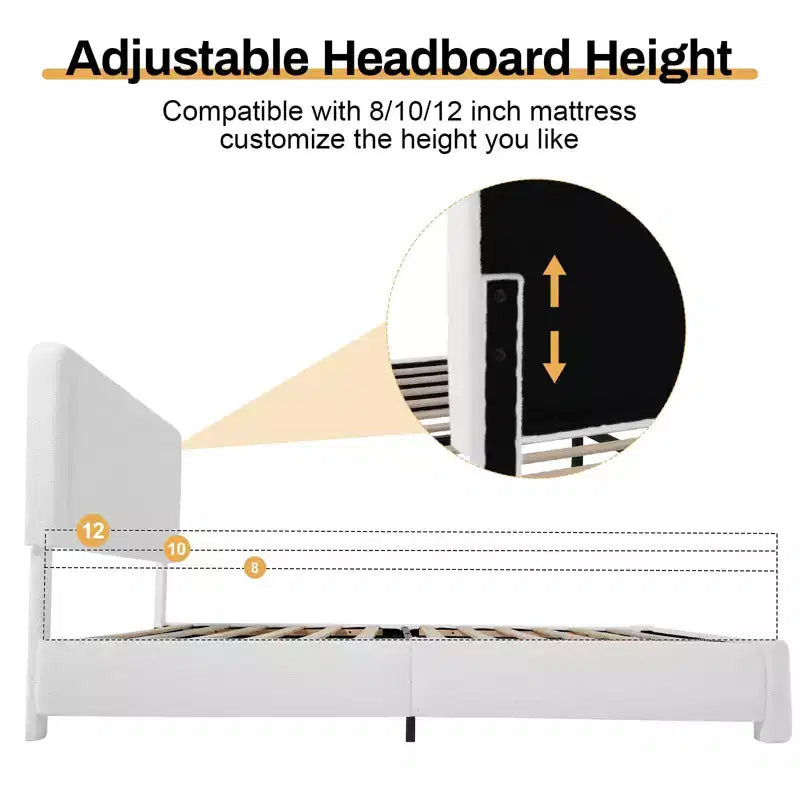 Fabric bed frame with headboard Upholstered fabric bed frame, soft rounded corners, adjustable headboard, easy to assemble