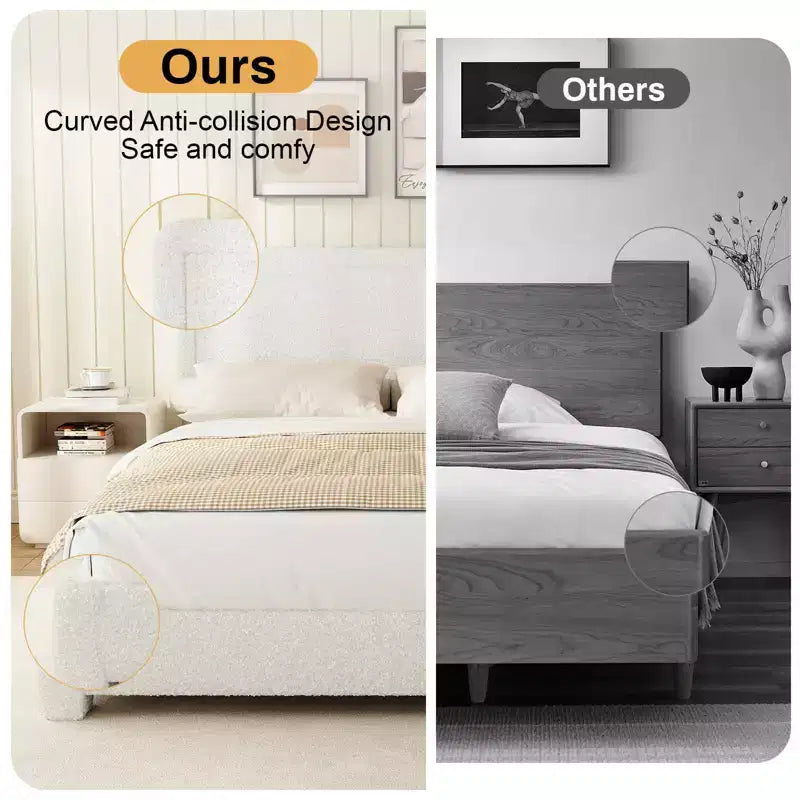 Fabric bed frame with headboard Upholstered fabric bed frame, soft rounded corners, adjustable headboard, easy to assemble