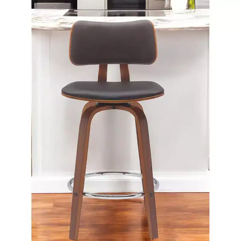 26 Brown And Wood Brown Faux Leather Swivel Low Back Counter Height Bar Chair