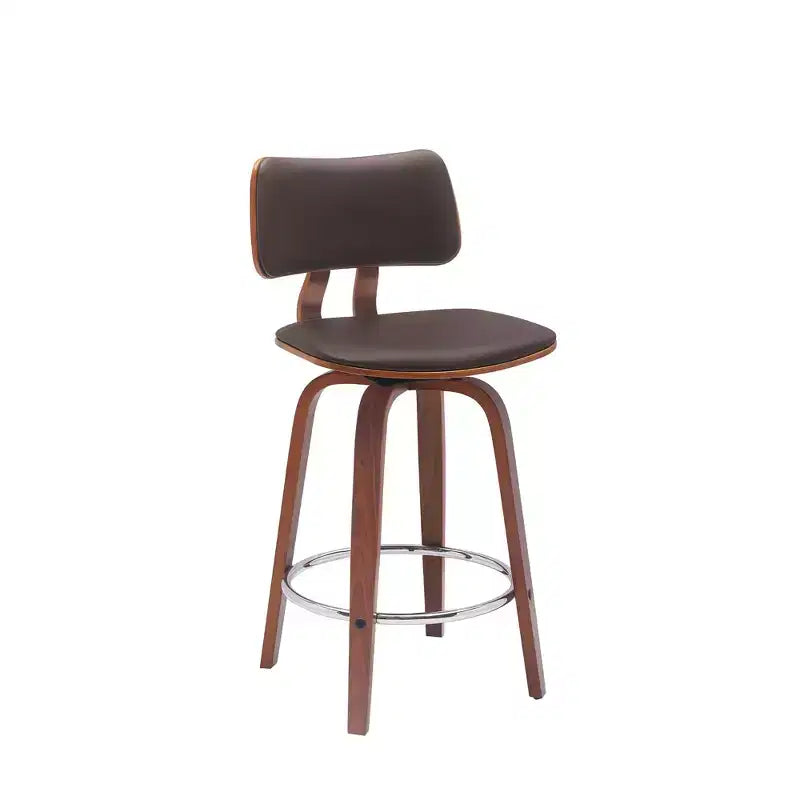 26 Brown And Wood Brown Faux Leather Swivel Low Back Counter Height Bar Chair