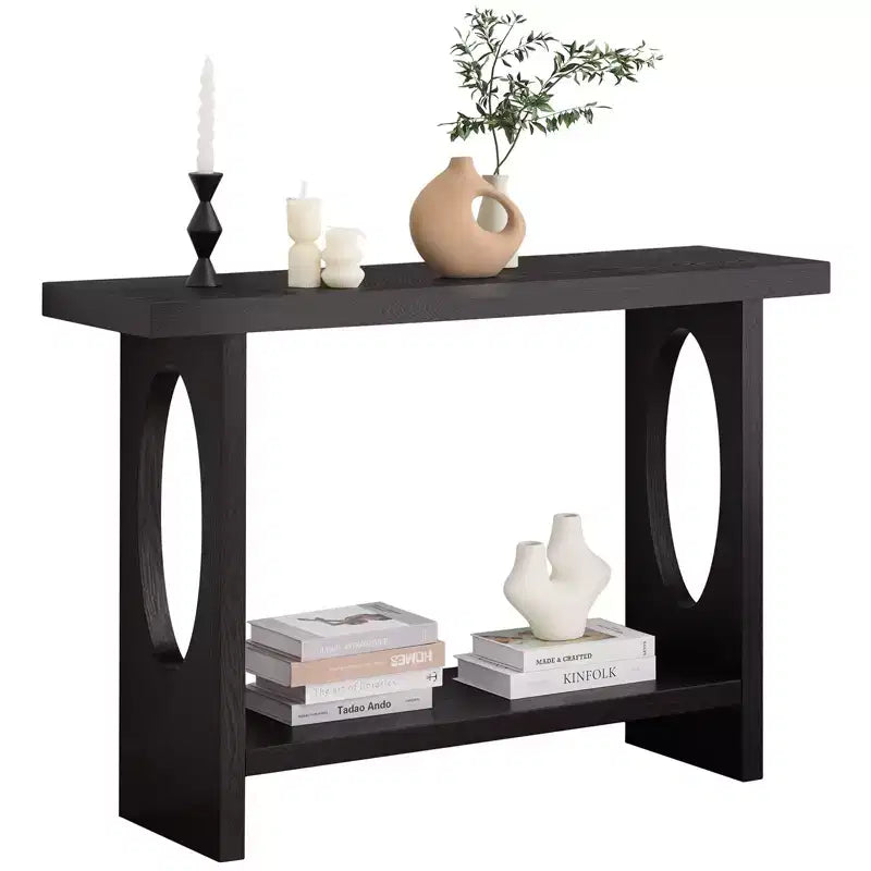 47-Inch Farmhouse Wood Console Tables with Solid Wood Veneer - 2'' Thickened Tabletop, 2-Tier Narrow Sofa Table Behind Couch