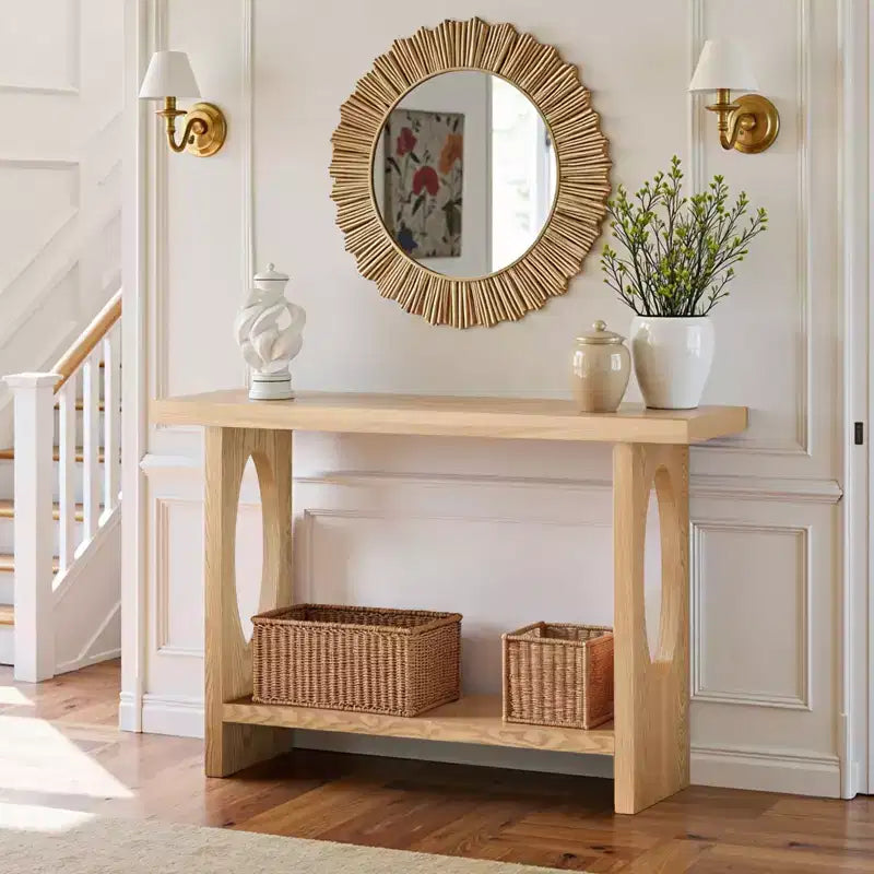 47-Inch Farmhouse Wood Console Tables with Solid Wood Veneer - 2'' Thickened Tabletop, 2-Tier Narrow Sofa Table Behind Couch