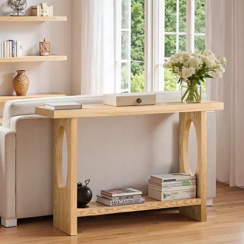 47-Inch Farmhouse Wood Console Tables with Solid Wood Veneer - 2'' Thickened Tabletop, 2-Tier Narrow Sofa Table Behind Couch