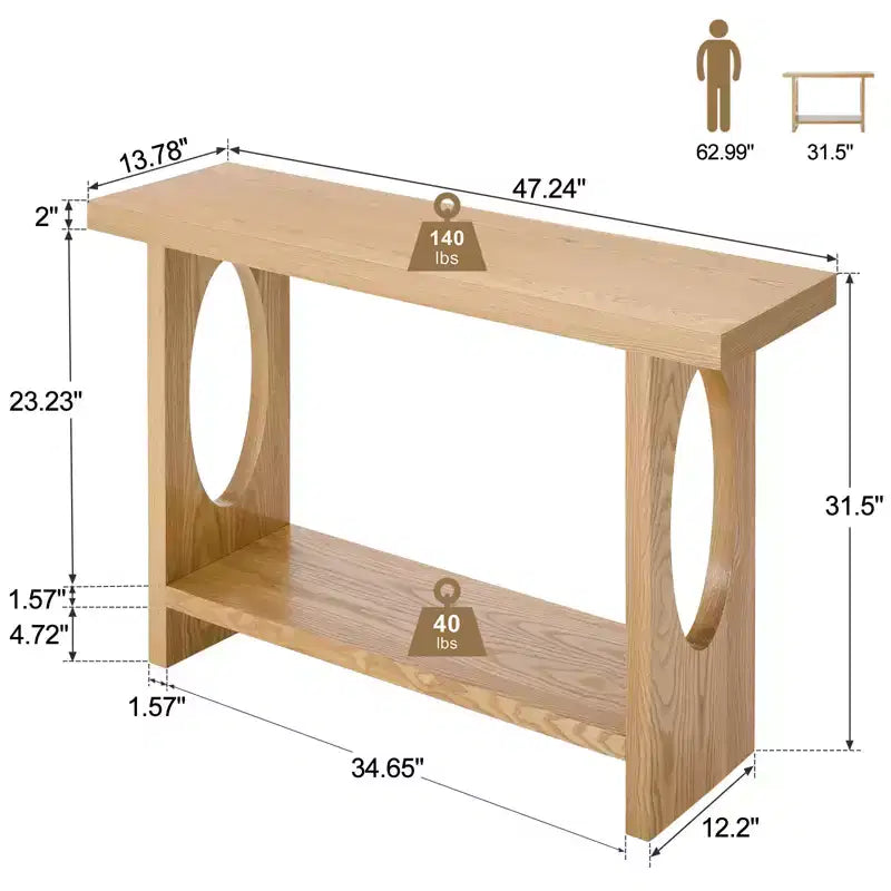 47-Inch Farmhouse Wood Console Tables with Solid Wood Veneer - 2'' Thickened Tabletop, 2-Tier Narrow Sofa Table Behind Couch