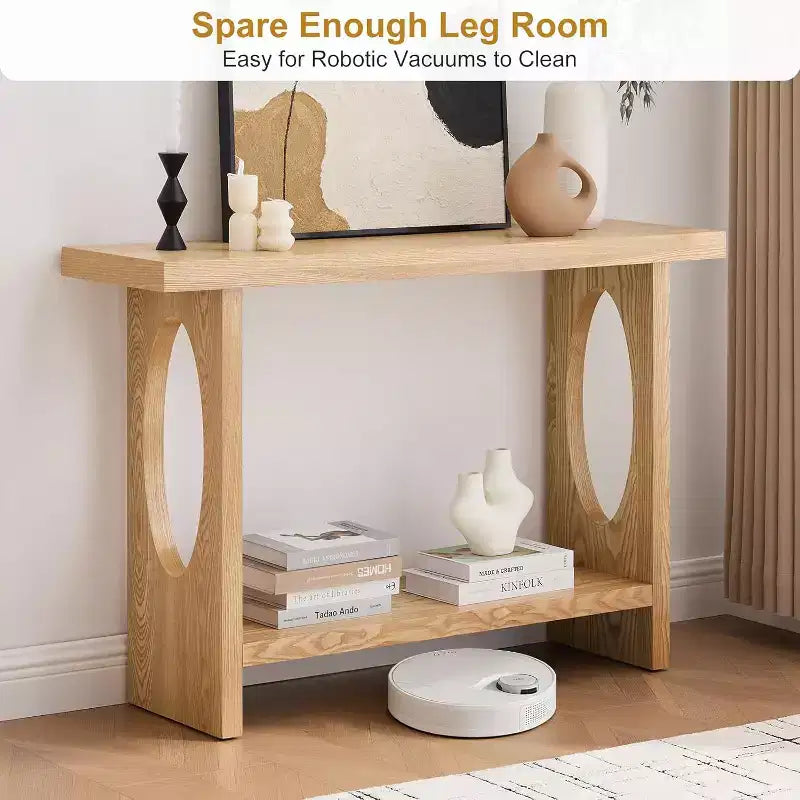 47-Inch Farmhouse Wood Console Tables with Solid Wood Veneer - 2'' Thickened Tabletop, 2-Tier Narrow Sofa Table Behind Couch