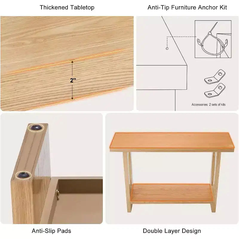 47-Inch Farmhouse Wood Console Tables with Solid Wood Veneer - 2'' Thickened Tabletop, 2-Tier Narrow Sofa Table Behind Couch