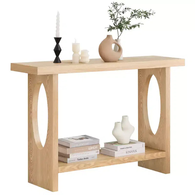 47-Inch Farmhouse Wood Console Tables with Solid Wood Veneer - 2'' Thickened Tabletop, 2-Tier Narrow Sofa Table Behind Couch